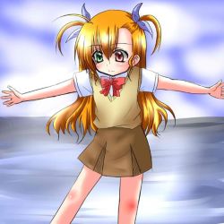 Rule 34 | 00s, 1girl, blonde hair, bow, bowtie, brown skirt, cowboy shot, green eyes, heterochromia, lyrical nanoha, mahou shoujo lyrical nanoha, mahou shoujo lyrical nanoha strikers, misana, outdoors, outstretched arms, pleated skirt, red bow, red bowtie, red eyes, skirt, solo, standing, sweater vest, two side up, vivio