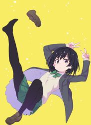 Rule 34 | 1girl, aki poi, arms up, black eyes, black hair, black jacket, black pantyhose, blazer, blush, bow, bowtie, brown footwear, closed mouth, collared shirt, commentary request, double v, feet, full body, green bow, green bowtie, green skirt, jacket, loafers, long sleeves, looking at viewer, open clothes, open jacket, original, pantyhose, pleated skirt, pocket, shirt, shoes, simple background, single shoe, skirt, solo, sweater vest, v, white shirt, yellow background