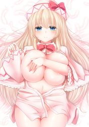 Rule 34 | 1girl, bad id, bad pixiv id, blonde hair, blue eyes, bow, bowtie, breast hold, breasts, capelet, covering breasts, covering privates, cowboy shot, deep skin, dress shirt, hat, huge breasts, lily white, long hair, looking at viewer, lying, naked shirt, on back, pink shirt, red bow, red bowtie, shiro oolong-cha, shirt, smile, solo, tareme, touhou, white hat