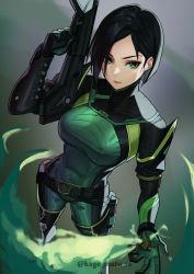Rule 34 | 1girl, absurdres, belt, black hair, bob cut, bodysuit, breasts, closed mouth, gloves, green bodysuit, green eyes, green gloves, gun, hand up, highres, holding, holding gun, holding weapon, kagematsuri, large breasts, looking at viewer, medium hair, smoke, solo, thighhighs, valorant, viper (valorant), weapon