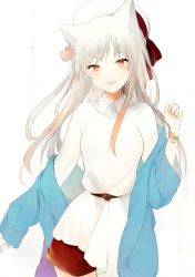 Rule 34 | 1girl, animal ears, bangle, beret, blue jacket, blush, bow, bracelet, brown bow, brown shorts, cat ears, commentary request, cowboy shot, dress, grey hair, hand up, hat, hat bow, head tilt, jacket, jewelry, long hair, long sleeves, lpip, off shoulder, original, red eyes, short shorts, shorts, simple background, sleeves past wrists, solo, very long hair, white background, white dress, white hat