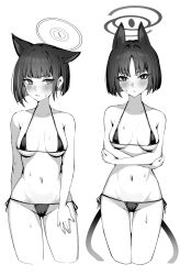 Rule 34 | 2girls, alternate costume, animal ears, arm behind back, bare shoulders, bikini, blue archive, blunt bangs, blush, breasts, breasts apart, bright pupils, cat ears, cat tail, collarbone, cropped legs, crossed arms, extra ears, greyscale, halo, highres, kazusa (blue archive), kikyou (blue archive), looking at another, looking at viewer, medium breasts, micro bikini, monochrome, multiple girls, multiple tails, navel, nichijo, parted bangs, short hair, side-tie bikini bottom, sideboob, simple background, stomach, sweat, swimsuit, tail, two tails, underboob, white background