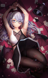 Rule 34 | 1girl, absurdres, armpits, bad id, bad pixiv id, bat wings, black pantyhose, blush, breasts, checkered floor, cleavage, dress, glasses, hair ornament, hairclip, hatsune miku, highres, kazanock, long hair, looking at viewer, lying, on back, pantyhose, parted lips, poker, purple eyes, purple hair, solo, tears, twintails, vocaloid, wings