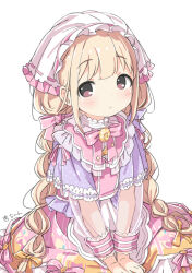 Rule 34 | 1girl, alternate hairstyle, blonde hair, blush, bow, bowtie, braid, brown eyes, character name, closed mouth, dot nose, dress, flat chest, frilled dress, frills, futaba anzu, hair bow, hair ribbon, idolmaster, idolmaster cinderella girls, idolmaster cinderella girls starlight stage, kuresuku (lessons), lace, lace-trimmed dress, lace trim, layered dress, long hair, long sleeves, looking at viewer, low twintails, multicolored clothes, multicolored dress, orange ribbon, pink bow, pink bowtie, pink headwear, pink ribbon, purple ribbon, ribbon, see-through, see-through sleeves, simple background, solo, twin braids, twintails, very long hair, white background