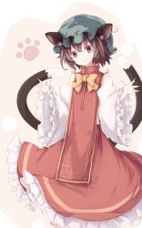 Rule 34 | 1girl, animal ears, bow, bowtie, brown eyes, brown hair, cat ears, cat tail, chen, commentary, cowboy shot, dress, earrings, eyebrows hidden by hair, fingernails, frilled dress, frilled sleeves, frills, gavrof, green hat, grin, hands up, hat, highres, jewelry, long sleeves, looking at viewer, mob cap, multiple tails, nekomata, open hands, paw print, red dress, sharp fingernails, short hair, smile, tabard, tail, teeth, touhou, two tails, whiskers, white sleeves, wide sleeves, yellow bow, yellow bowtie