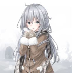 Rule 34 | alternate costume, blue eyes, blush, brown jacket, checkered clothes, checkered scarf, coat, gradient background, hair between eyes, hibiki (kancolle), highres, jacket, kantai collection, long hair, long sleeves, looking at viewer, mittens, open mouth, otakubotti, scarf, silver hair, snowing, solo, steam, winter, winter clothes