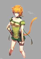 Rule 34 | 1girl, absurdres, animal ears, bandaged arm, bandages, belt, cat ears, cat tail, choker, closed mouth, danno gs, facial mark, fire emblem, fire emblem: path of radiance, grey background, highres, lethe (fire emblem), nintendo, o-ring, o-ring belt, orange hair, purple eyes, short hair, simple background, solo, tail, thigh strap, twitter username