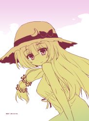 Rule 34 | 1girl, alternate costume, betei, casual, crescent, crescent hair ornament, hair between eyes, hair ornament, hat, long hair, looking at viewer, looking back, monochrome, patchouli knowledge, sleeveless, solo, straw hat, touhou