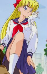 Rule 34 | 1girl, aino minako, artemis (sailor moon), bishoujo senshi sailor moon, blonde hair, blue eyes, cat, highres, legs, screencap, tagme, third-party edit, white cat