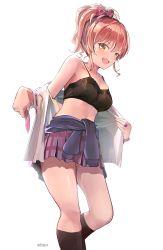 Rule 34 | 1girl, absurdres, bare shoulders, black socks, bow, bra, breasts, cleavage, clothes around waist, collared shirt, commentary request, cowboy shot, eyelashes, hair bow, highres, idolmaster, idolmaster cinderella girls, jewelry, jougasaki mika, kneehighs, medium breasts, miniskirt, necktie, open mouth, pink hair, pjkka, plaid, plaid skirt, ring, shirt, skirt, smile, socks, solo, twitter username, two side up, underwear, undressing, white background, white shirt, yellow eyes