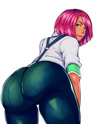 Rule 34 | 1girl, absurdres, artistic madman, ass, breasts, come hither, dark-skinned female, dark skin, giovanna (guilty gear), green eyes, guilty gear, guilty gear strive, highres, huge ass, large breasts, leaning, leaning forward, looking at viewer, looking back, open mouth, pants, red hair, shiny clothes, shiny skin, short hair, sideboob, smile, solo, thick thighs, thighs, tight clothes, tight pants
