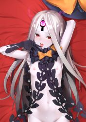 Rule 34 | 1girl, abigail williams (fate), abigail williams (third ascension) (fate), bed sheet, black bow, black hat, black panties, bow, breasts, dakimakura (medium), fate/grand order, fate (series), furisuku, groin, hat, hat bow, hat ribbon, long hair, lying, navel, nipples, on back, open mouth, orange bow, out-of-frame censoring, pale skin, panties, parted bangs, print bow, red eyes, revealing clothes, ribbon, small breasts, solo, star (symbol), star print, tongue, tongue out, topless, underwear, very long hair, white hair, witch hat