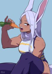 Rule 34 | 1girl, animal ears, bare shoulders, blue background, boku no hero academia, breasts, carrot, dark skin, eating, highres, large breasts, long hair, looking at viewer, mirko, muscular, muscular female, open mouth, rabbit ears, rabbit tail, red eyes, sanekome, simple background, solo, tail, thighhighs, tight clothes, white hair