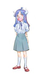 Rule 34 | 1girl, aged down, ahoge, arms behind back, blue hair, blue skirt, collared shirt, covered mouth, curled horns, dinosaur girl, full body, horns, jewelry, kneehighs, long hair, mask, mouth mask, multicolored hair, necklace, one piece, pink eyes, pink hair, pink mask, raine (acke2445), red footwear, shirt, simple background, skirt, socks, solo, standing, streaked hair, ulti (one piece), white background, white shirt