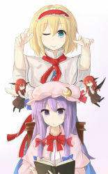 Rule 34 | 2girls, :o, ;), alice margatroid, alternate wings, angel and devil, angel wings, blonde hair, blue eyes, book, capelet, chair, character doll, coat, crescent, demon girl, demon wings, dress, fang, hair ribbon, hairband, halo, hat, head wings, highres, hinami047, koakuma, lolita hairband, mob cap, multiple girls, one eye closed, open clothes, open coat, patchouli knowledge, puppet, puppet strings, purple eyes, purple hair, red hair, ribbon, sash, shirt, sitting, skirt, skirt set, smile, striped clothes, striped dress, touhou, tress ribbon, vest, wings