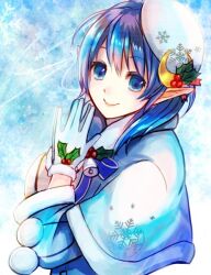 Rule 34 | 1girl, blue eyes, blue hair, closed mouth, coat, crescent, crescent hair ornament, gloves, hair ornament, hat, looking at viewer, pointy ears, rena lanford, short hair, smile, snowflakes, solo, souyou26, star ocean, star ocean anamnesis, star ocean the second story, winter clothes, winter coat