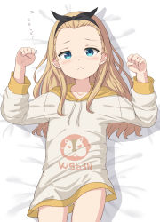 Rule 34 | 1girl, absurdres, bed sheet, black hairband, black ribbon, blonde hair, blue eyes, blush, closed mouth, collarbone, colombia pose, commentary request, drawstring, forehead, gluteal fold, grey hoodie, hair ribbon, hairband, hands up, highres, hood, hood down, hoodie, kurumi (lycoris recoil), long hair, long hoodie, lycoris recoil, lying, on back, ribbon, solo, takasuma hiro, translated