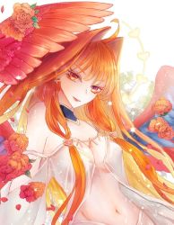 Rule 34 | 1girl, ahoge, aphrodite (fate), bare shoulders, blonde hair, breasts, byuura (sonofelice), center opening, cleavage, closed mouth, detached collar, dress, earrings, fate/grand order, fate (series), flower, gradient hair, hair intakes, hair ornament, halo, heart, heart earrings, heart hair ornament, jewelry, large breasts, lipstick, long hair, long sleeves, looking at viewer, makeup, multicolored hair, multiple wings, navel, orange hair, puffy long sleeves, puffy sleeves, red wings, smile, solo, sparkle, white background, white dress, wings