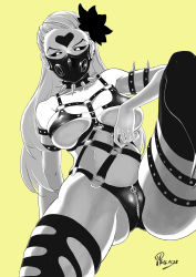 Rule 34 | 1girl, abs, absurdres, bare shoulders, black sclera, black thighhighs, breasts, collar, colored sclera, crotch zipper, dated, earrings, female focus, from below, gloves, hair ornament, harness, heart, highres, jewelry, kaijin hime do-s, large breasts, long hair, looking at viewer, mask, monochrome, o-ring, one-punch man, revealing clothes, simple background, single glove, solo, spiked collar, spikes, thighhighs, thighs, yellow background, zipper, zuidai