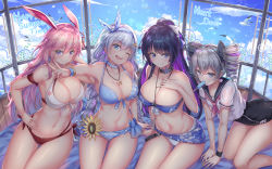 Rule 34 | 4girls, all fours, alternate costume, animal ears, armband, bangle, bare shoulders, benghuai xueyuan, bikini, bird, black one-piece swimsuit, blue bikini, blue eyes, blue sky, blush, bow, bracelet, braid, breasts, bronya zaychik, cenangam, choker, cleavage, closed mouth, cloud, collarbone, day, drill hair, earrings, floral print, flower, food, fox ears, front-tie bikini top, front-tie top, grey eyes, grey hair, groin, hair between eyes, hair bow, hair ornament, hairband, hand on own cheek, hand on own chest, hand on own face, highres, honkai (series), honkai impact 3rd, indoors, jewelry, kiana kaslana, large breasts, light particles, long hair, looking at viewer, mouth hold, multicolored hair, multiple girls, navel, neckerchief, necklace, one-piece swimsuit, open mouth, pink hair, pink neckerchief, popsicle, purple eyes, purple hair, raiden mei, sarong, seagull, side-tie bikini bottom, sidelocks, sitting, sky, small breasts, smile, sparkle, stomach, sunflower, swimsuit, thighs, twin braids, twin drills, twintails, two-tone hair, v, very long hair, yae sakura