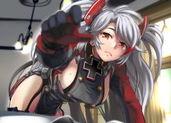 Rule 34 | 1girl, absurdres, antenna hair, azur lane, breasts, commentary request, cowboy shot, cross, frown, garter straps, hair between eyes, highres, iron cross, long hair, looking at viewer, mole, mole on breast, prinz eugen (azur lane), reaching, reaching towards viewer, sidelocks, solo, standing, swept bangs, very long hair, yellow quokka