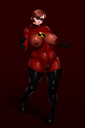 Rule 34 | 1girl, bodysuit, boots, breasts, clitoris slip, covered erect nipples, domino mask, elastigirl, female pubic hair, ganto, gloves, helen parr, highres, large breasts, latex, latex gloves, mask, mature female, nipples, no bra, panties, partially visible vulva, plump, pubic hair, pussy, pussy peek, see-through, short hair, simple background, skin tight, solo, the incredibles, thick thighs, thigh boots, thighhighs, thighs, thong, uncensored, underwear