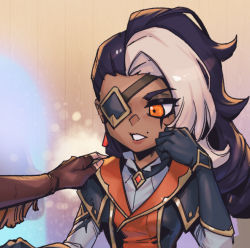 Rule 34 | 1girl, black gloves, black hair, black jacket, brown gloves, collared shirt, eyepatch, fingerless gloves, gloves, gradient background, grey hair, grey shirt, hand on another&#039;s shoulder, hand up, high noon samira, jacket, league of legends, long hair, looking at another, mole, mole above mouth, orange eyes, orange jacket, parted lips, phantom ix row, samira, samira (league of legends), shirt, solo focus, teeth, upper body