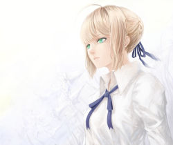 Rule 34 | 1girl, ahoge, artoria pendragon (fate), blonde hair, collared shirt, fate/stay night, fate (series), green eyes, highres, namako mikan, parted lips, ribbon, saber (fate), shirt, simple background, solo, wrinkled skin