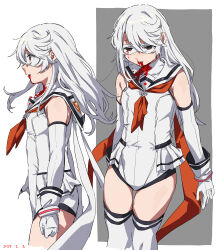 Rule 34 | 1girl, absurdres, alternate hair length, alternate hairstyle, bare shoulders, blood, blood from mouth, blood on clothes, elbow gloves, flat chest, from side, gloves, grey background, grey gloves, grey hair, highres, leotard, long hair, multiple views, nosebleed, shy (character), shy (series), takatisakana, thighhighs, white background