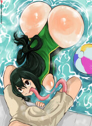 Rule 34 | 1boy, 1girl, :&gt;, arachnart, ass, asui tsuyu, boku no hero academia, curvy, fellatio over clothes, green hair, heart, heart-shaped pupils, hetero, highleg, highleg one-piece swimsuit, highres, huge ass, long hair, long tongue, looking at another, one-piece swimsuit, pool, shiny skin, skindentation, source request, swimsuit, symbol-shaped pupils, thong one-piece swimsuit, tongue, tongue out, water, wide hips