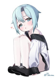 Rule 34 | 1797928123, 1girl, ash arms, blue eyes, blue hair, blush, collarbone, commentary request, full body, hair between eyes, heart, highres, looking at viewer, open mouth, pantyhose, school uniform, shoes, short hair, sitting, solo, white background