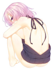 Rule 34 | 1girl, ass, back, backless dress, backless outfit, bare back, bare shoulders, barefoot, blush, breasts, butt crack, dress, embarrassed, fate/grand order, fate (series), from behind, full body, halterneck, large breasts, looking at viewer, looking back, mash kyrielight, meme attire, naked sweater, no bra, no panties, purple eyes, purple hair, racer (magnet), ribbed sweater, short hair, sideboob, simple background, solo, sweater, sweater dress, turtleneck, turtleneck sweater, virgin killer sweater, white background
