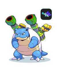 absurdres blastoise brown_eyes closed_mouth commentary_request creatures_(company) fukidashi_cotton full_body game_freak gen_1_pokemon highres nintendo no_humans pokemon pokemon_(creature) simple_background solo splatoon_(series) splatoon_3 standing trizooka_(splatoon) white_background