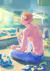 Rule 34 | 1boy, adam&#039;s apple, bare arms, bare back, bare shoulders, barefoot, bed, bikkusama, blanket, blonde hair, blue legwear, blue pants, can, cigarette, crossed legs, curtains, denim, drink, english text, eyebrows, hair up, head tilt, indoors, initial d, jeans, looking at viewer, looking back, magazine (object), male focus, pale skin, pants, parted lips, short hair, sitting, smoke, smoking, solo, solo focus, spiked hair, sunlight, table, takahashi keisuke, teeth, topless male, trash can, underwear, window, wrapper, yellow eyes