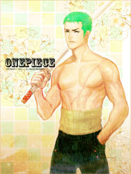 Rule 34 | 1boy, green hair, hand in pocket, haramaki, j (onose1213), katana, male focus, one-eyed, one piece, realistic, roronoa zoro, scar, topless male, short hair, solo, stitches, sword, weapon