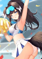 Rule 34 | 1girl, abeen jhong, absurdres, animal ears, arm up, armpits, ass, black hair, blue archive, breasts, cheerleader, confetti, crop top, dog ears, dog girl, dog tail, from side, hibiki (blue archive), hibiki (cheer squad) (blue archive), highres, long hair, looking at viewer, looking to the side, medium breasts, midriff, millennium cheerleader outfit (blue archive), miniskirt, navel, panties, paw print, paw print pattern, pleated skirt, pom pom (cheerleading), skirt, solo, tail, underwear, wedgie, white panties