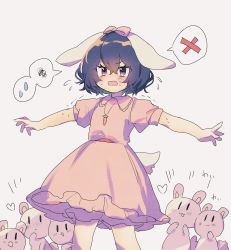 Rule 34 | animal ears, black hair, bow, carrot necklace, cowboy shot, dress, flying sweatdrops, grey background, haruwaka 064, heart, highres, inaba mob (touhou), inaba tewi, necklace, open mouth, outstretched arms, pink bow, pink dress, rabbit ears, rabbit tail, short hair, short sleeves, simple background, solo, spoken squiggle, spoken sweatdrop, spoken x, spread arms, squiggle, sweatdrop, tail, touhou, trembling