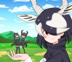 Rule 34 | 3girls, antelope ears, antelope horns, apron, arms up, australian devil (kemono friends), bare shoulders, black apron, black cape, black hair, black legwear, black skirt, blackbuck (kemono friends), blouse, brown footwear, brown gloves, brown hair, cape, commentary request, detached sleeves, extra ears, eyepatch, forced perspective, gloves, hair over one eye, kemono friends, kemono friends 3, loafers, long hair, long sleeves, looking at viewer, medical eyepatch, multicolored hair, multiple girls, open mouth, pleated skirt, pon1006mrn, red eyes, shirt, shoes, short hair, skirt, sleeveless, smile, standing, standing on one leg, tasmanian devil (kemono friends), tasmanian devil ears, tasmanian devil tail, thighhighs, white hair, white shirt, zettai ryouiki