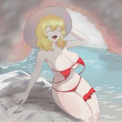 Rule 34 | 1girl, absurdres, bare shoulders, bikini, blonde hair, borrowed character, breasts, cave, cleavage, draw this in your style challenge, florida-chan (ryusei hashida), hat, highres, houo, large breasts, medium hair, navel, open mouth, original, red bikini, rock, signature, smile, solo, swimsuit, upside-down bikini top, water, white hat