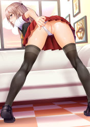 Rule 34 | 1girl, absurdres, anus, ass, bent over, black thighhighs, blush, censored, checkered floor, clothing aside, denhijou niki, dutch angle, from behind, full body, grey eyes, grey hair, gyaru, half updo, highres, indoors, inui sajuna, leaning forward, loafers, long hair, looking at viewer, looking back, mosaic censoring, open mouth, panties, panties aside, pleated skirt, presenting, pussy, red skirt, school uniform, serafuku, shoes, short sleeves, skirt, smile, solo, sono bisque doll wa koi wo suru, standing, thighhighs, underwear, white panties, window