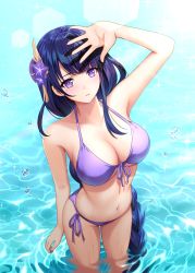 Rule 34 | 1girl, arm up, armpits, bare arms, bare shoulders, bikini, braid, breasts, cleavage, flower, front-tie bikini top, front-tie top, genshin impact, hair flower, hair ornament, halterneck, halterneck, highres, large breasts, long hair, looking at viewer, mole, mole under eye, nail polish, navel, parted lips, purple bikini, purple eyes, purple hair, raiden shogun, shading eyes, side-tie bikini bottom, single braid, solo, sony kisaragi, standing, stomach, string bikini, swimsuit, very long hair, wading, water, wet