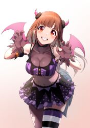 Rule 34 | 1girl, absurdres, black gloves, blush, breasts, brown eyes, brown hair, claw pose, cleavage, collarbone, dangle earrings, demon wings, earrings, gloves, gradient background, grin, highres, horns, idolmaster, idolmaster shiny colors, jewelry, large breasts, navel, painapo, pink horns, pink wings, purple shirt, purple skirt, see-through, see-through cleavage, shirt, single thighhigh, skirt, smile, solo, sonoda chiyoko, star (symbol), star earrings, striped clothes, striped thighhighs, tail, thighhighs, white background, wings