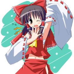 Rule 34 | 1girl, arm up, armpits, ascot, bow, detached sleeves, female focus, frilled hair tubes, frills, hair bow, hair tubes, hakurei reimu, hoshi umi, japanese clothes, midriff peek, miko, navel, one eye closed, open mouth, solo, touhou, yawning, yellow ascot