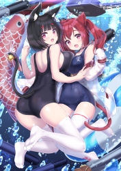 Rule 34 | 2girls, absurdres, adapted turret, air bubble, animal ear fluff, animal ears, ass, asymmetrical docking, azur lane, bell, black one-piece swimsuit, blue one-piece swimsuit, breast press, breasts, bubble, cat ears, cat girl, cat mask, cat tail, fang, highres, i-19 (azur lane), jacket, jingle bell, koi, koinobori, ktsecond, large breasts, long hair, long sleeves, looking at viewer, mask, mask on head, multiple girls, name tag, old school swimsuit, one-piece swimsuit, open mouth, red hair, ribbon, school swimsuit, sideboob, swimsuit, tail, tail bell, tail ornament, tail ribbon, thighhighs, torpedo, underwater, white jacket, white thighhighs, windsock, yamashiro (azur lane), yamashiro (summer offensive?) (azur lane)