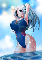 Rule 34 | &gt;:), 1girl, adapted costume, armpits, arms behind head, arms up, blue eyes, blue hair, blue sky, breasts, cleavage, cloud, competition swimsuit, covered erect nipples, curvy, day, doumou, dripping, dutch angle, female focus, from below, groin, highleg, highleg swimsuit, hip focus, huge breasts, long hair, looking at viewer, narrow waist, one-piece swimsuit, outdoors, parted bangs, shiny clothes, shiny skin, silver hair, sky, solo, splashing, standing, straight hair, sun, swimsuit, touhou, v-shaped eyebrows, very long hair, wading, water, wet, wide hips, yagokoro eirin