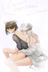 Rule 34 | 2girls, absurdres, arknights, back, bare legs, bite mark, black shirt, blush, bra, breasts, brown hair, chinese commentary, cleavage, closed eyes, closed mouth, clothes pull, commentary request, dated, dragon horns, english text, feather hair, feet out of frame, glasses, happy birthday, hickey, highres, horns, hug, hug from behind, long hair, long sleeves, looking back, medium breasts, multiple girls, off shoulder, only108, open clothes, open shirt, orange eyes, saliva, saliva trail, saria (arknights), shirt, shirt pull, short hair, shoulder blades, silence (arknights), silver hair, simple background, sitting, sitting on lap, sitting on person, tongue, tongue out, underwear, very long hair, white background, white bra, white shirt, yuri