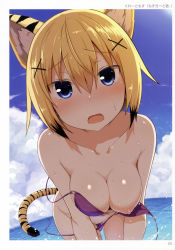Rule 34 | 1girl, absurdres, animal ears, armpit crease, bare arms, bare legs, bare shoulders, bent over, bikini, blonde hair, blue eyes, blue sky, blush, breasts, breasts out, breasts squeezed together, cleavage, cloud, cloudy sky, collarbone, cowboy shot, day, dutch angle, embarrassed, fang, fisheye, greatmosu, hair between eyes, hair ornament, hairclip, highres, horizon, leaning forward, looking at viewer, medium breasts, multicolored hair, nipples, non-web source, nose blush, o-ring, o-ring bikini, ocean, open mouth, outdoors, puffy nipples, purple bikini, scan, short hair, side-tie bikini bottom, sky, solo, standing, strap slip, streaked hair, swimsuit, tail, tiger ears, tiger girl, tiger tail, toranoana, two-tone hair, untied bikini, wardrobe malfunction, water, wet, x hair ornament