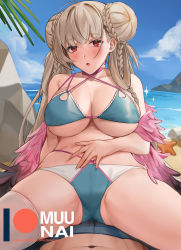 Rule 34 | 1boy, 1girl, :o, ahoge, arm support, azur lane, bare arms, beach, bikini, blue bikini, blue male swimwear, blue sky, blue swim trunks, blush, braid, breasts, brown hair, choker, cleavage, collarbone, criss-cross halter, day, double bun, formidable (azur lane), formidable (the lady of the beach) (azur lane), girl on top, gluteal fold, hair bun, halterneck, hand on own stomach, hetero, large breasts, leaning back, long hair, looking at viewer, male swimwear, muunai, navel, ocean, official alternate costume, outdoors, parted lips, patreon logo, patreon username, pink choker, pov, red eyes, rock, shawl, single thighhigh, sitting, sitting on person, sky, solo focus, sparkle, spread legs, starfish, swim trunks, swimsuit, thighhighs, thighs, underboob, very long hair, water, white thighhighs