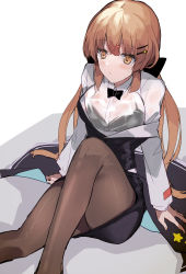 Rule 34 | 1girl, anchor necklace, bed, black bow, black bra, black ribbon, black skirt, blush, bow, bra, bra visible through clothes, breasts, brown eyes, brown hair, brown pantyhose, unworn cape, collared shirt, hair bow, hair ornament, hair ribbon, hairclip, highres, jewelry, kantai collection, long hair, long sleeves, looking at viewer, low twintails, medium breasts, neck ribbon, necklace, official alternate costume, on bed, one-hour drawing challenge, pantyhose, pencil skirt, picoli1313, ribbon, see-through, shadow, shirt, sitting, skirt, solo, sweatdrop, tashkent (kancolle), twintails, underwear, vest, white shirt