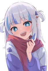 Rule 34 | 1girl, absurdres, adjusting clothes, blue eyes, blue hair, blush, braid, bright pupils, eyebrows hidden by hair, gawr gura, grey hair, hair ornament, highres, hololive, hololive english, long hair, long sleeves, looking at viewer, multicolored hair, scarf, shark girl, shark hair ornament, sharp teeth, simple background, solo, streaked hair, teeth, twin braids, two side up, upper body, virtual youtuber, wep16night, white background, white pupils